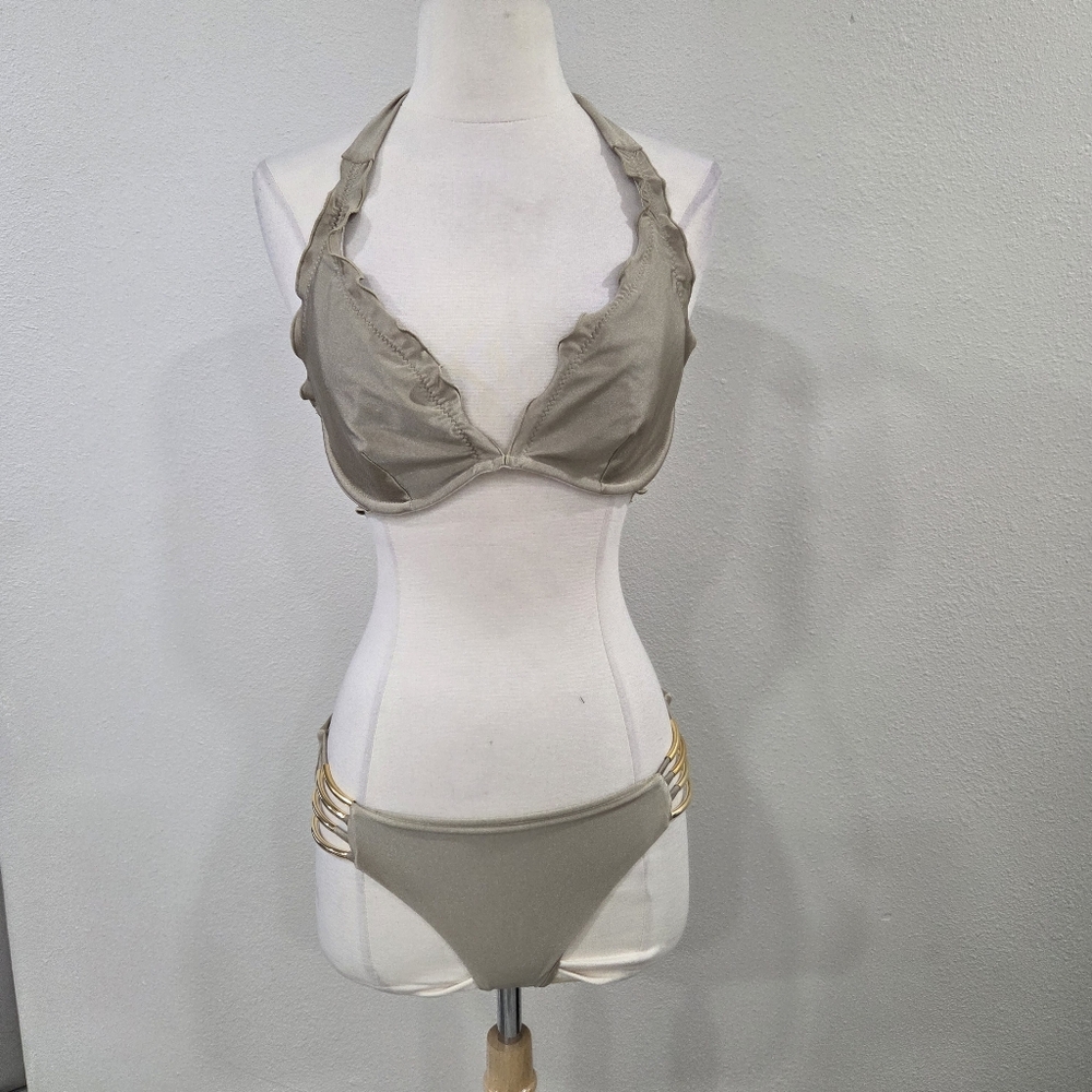 Gold Ruched High-Waisted Bikini Set - Picture 3 of 10